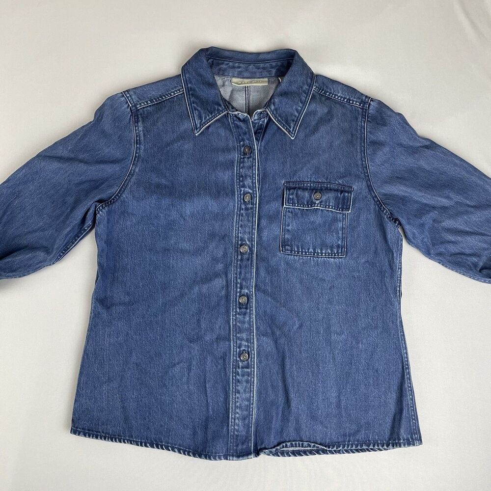 Kate Hill Button Down Up Shirt Women's Med Denim Chambray Blue Tencel 3/4 Sleeve